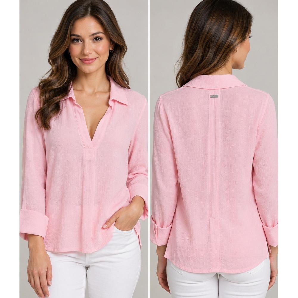 Jofit Womens Long Sleeve V-Neck Polo Shirt Pink Textured High-Low Hem Size S